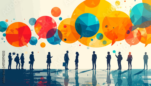 Diverse group of people engaging in conversation, represented by vibrant speech bubbles, symbolizing communication and connection