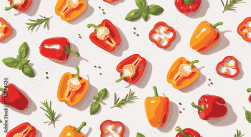 Vibrant pattern of red and orange bell peppers, whole and halved, with fresh basil and rosemary sprigs, set against a clean white background
