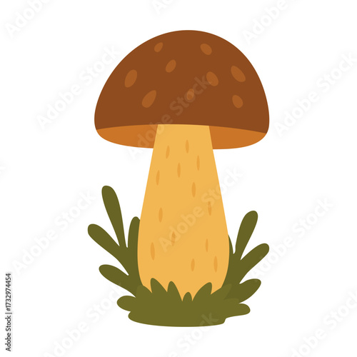 Vector illustration of autumn boletus mushroom with brown cap, flat style, isolated decorative forest element.