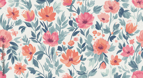 Vibrant seamless floral pattern features hand-drawn pink and coral flowers with lush green leaves on a light background