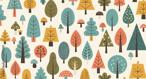 Seamless pattern of cartoon trees and mushrooms in forest. Playful background with hand drawn elements creates a fun, nature themed design