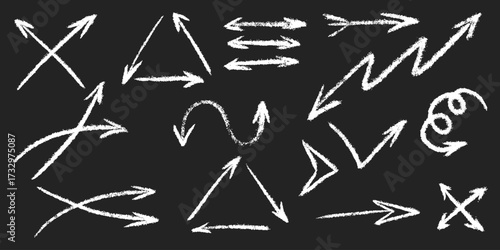 Grunge chalk textured thin arrows collection. Hand drawn sketch set: wavy, curved, zigzag, double, triangular, straight pointers. Freehand doodle navigation, infographic direction. Vector isolated