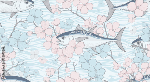 A whimsical seamless pattern featuring stylized tuna fish swimming amongst delicate pink and blue cherry blossoms against a light blue wavy background