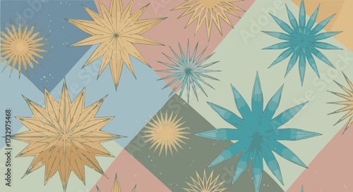 Seamless pattern with stylized starburst shapes in muted teal, golden yellow, and olive green