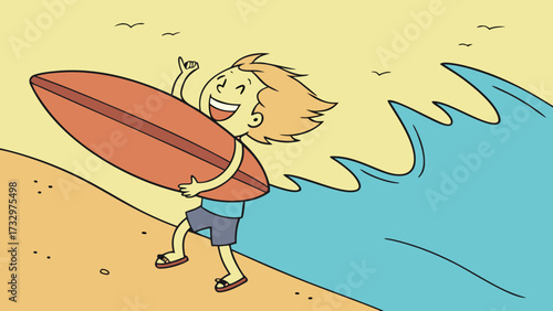 Cartoon surfer boy with surfboard on beach vector illustration for summer vacation and sport activities