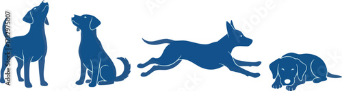 Silhouette depiction of dogs in various poses, showcasing different actions and positions.