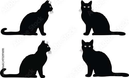 Four black cat silhouettes are arranged in a square formation, two facing left and two facing forward.