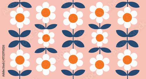 Whimsical flower pattern on pink background. Retro style floral design featuring white daisy-like flowers with orange centers and navy leaves