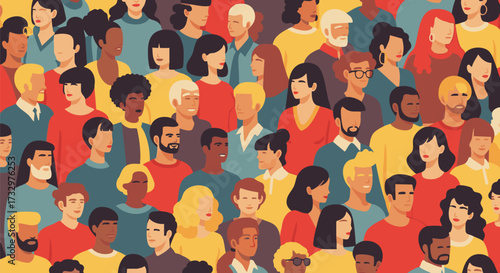 Vibrant illustration showcasing a large, diverse crowd of people standing together, symbolizing community, unity, and global teamwork in modern society