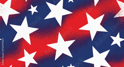 Abstract patriotic background with white stars on a vibrant red and blue spray-painted, distressed texture