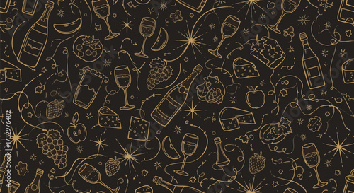 Festive doodle pattern featuring champagne, wine glasses, fruit, and cheese