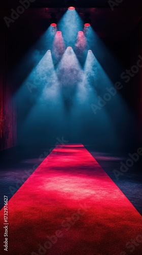 Brightly lit runway with smoky atmosphere and vibrant red carpet in a modern venue during an evening event