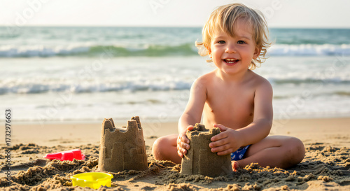 Wallpaper Mural Little Child Building Sandcastle on Beach Torontodigital.ca