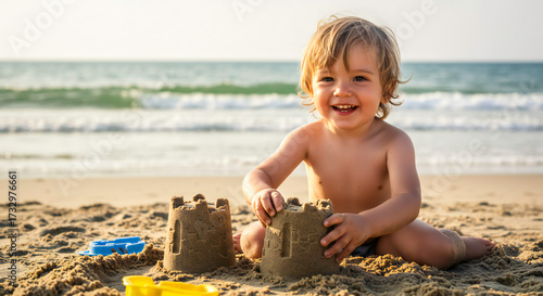 Wallpaper Mural Little Child Building Sandcastle on Beach Torontodigital.ca