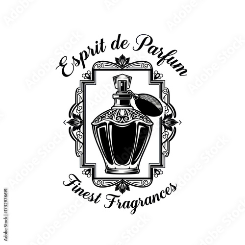 A vintage-style black and white illustration of a perfume bottle with ornate details, framed by decorative elements and text.