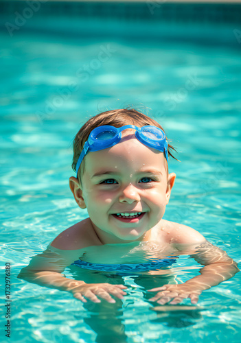 Little Child Enjoying Summer Swimming in Pool