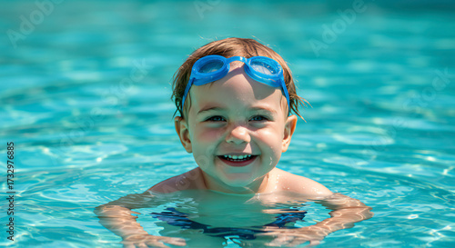 Little Child Enjoying Summer Swimming in Pool