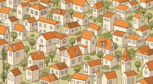 Cartoon neighborhood illustration showcasing cozy houses with orange roofs and green trees, creating a cheerful and idyllic scene