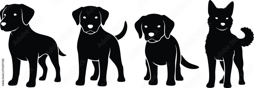 Naklejka premium Four black dog silhouettes standing on a white background, various breeds.
