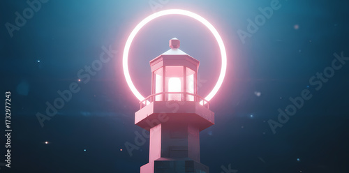 A lighthouse illuminated by a glowing circular halo against a starry night sky