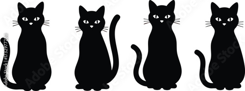 Four stylized, black cats, each with a unique tail curve, stand in a row.