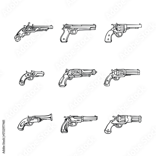 Assortment of vintage and modern handgun pistol silhouettes firearm weapon