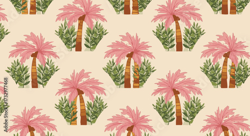 A delightful seamless pattern featuring stylized pink palm trees and lush green foliage against a soft cream background