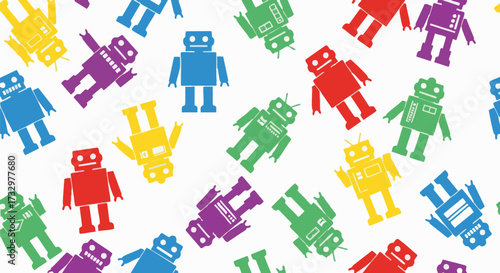 A vibrant, playful, seamless pattern of colorful robot silhouettes in red, green, blue, yellow, and purple against a white background