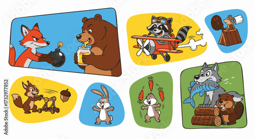Collection of cute cartoon forest animal illustrations featuring a fox, bear, raccoon, squirrel, bunny, wolf, and beaver in various funny scenarios