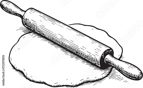 Detailed etching in linocut style of wooden rolling pin flattening dough for bakery illustration, culinary recipe artwork and packaging design