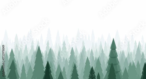 An illustration depicts a dense forest of evergreen trees in varying shades of green against a white background