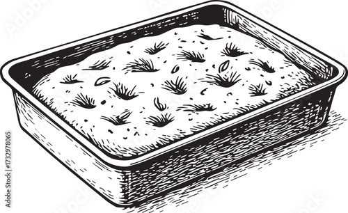 Linocut style black and white etching of baked focaccia bread in rectangular pan for bakery packaging, recipe illustration and branding artwork