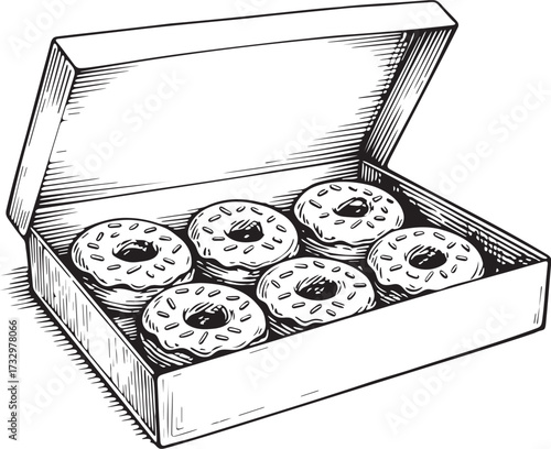 Vintage style linocut etching of open box with donuts in black and white design for bakery branding, packaging illustration and culinary artwork