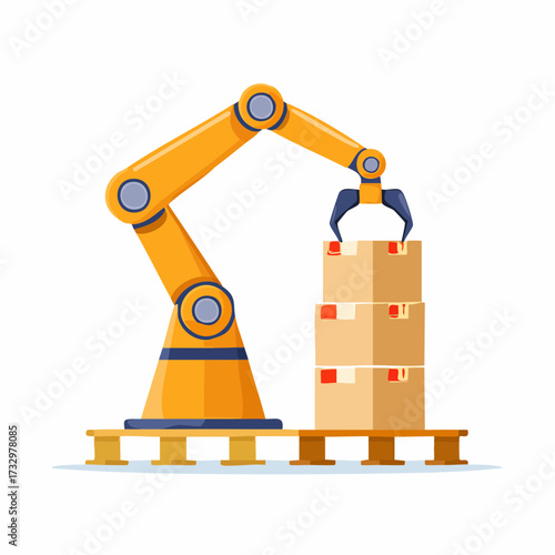 A robotic arm efficiently moves boxes on pallets in a warehouse setting. Demonstrates automation, logistics, and industrial processes. Clean, modern illustration.