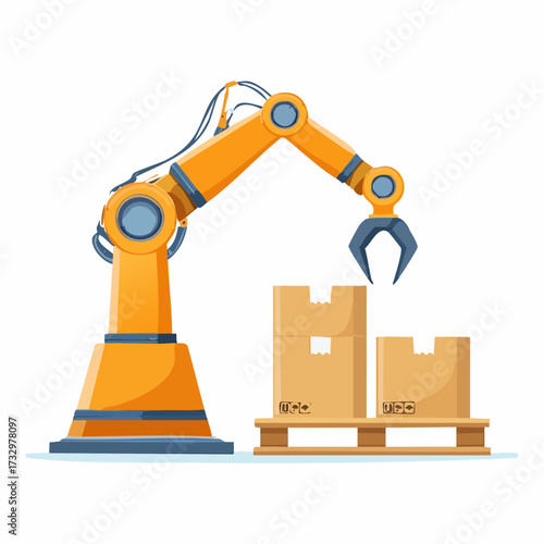 A robotic arm efficiently moves boxes on pallets in a warehouse setting. Demonstrates automation, logistics, and industrial processes. Clean, modern illustration.