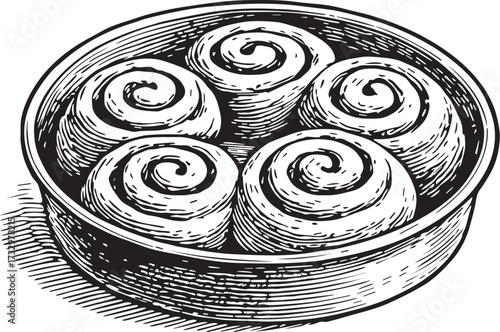 Black and white linocut etching of freshly baked cinnamon rolls in round baking tin for dessert branding, bakery packaging and culinary illustration