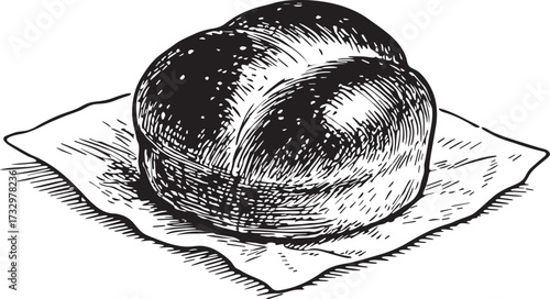 Linocut etching of freshly baked loaf of bread resting on parchment paper for bakery packaging, branding illustration and culinary recipe artwork