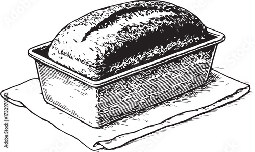 Linocut style black and white etching of freshly baked loaf in rectangular pan for bakery packaging, recipe illustration and branding artwork