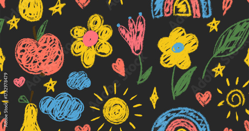 Seamless kids doodle pattern. Bright chalk textured elements. Flowers, sun, stars, rainbow, fruit, clouds and hearts in naive childish hand drawn style. Cute vector illustration background for fabric 