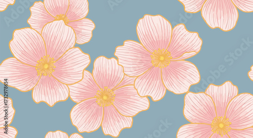 Delicate pink floral pattern on a blue backdrop