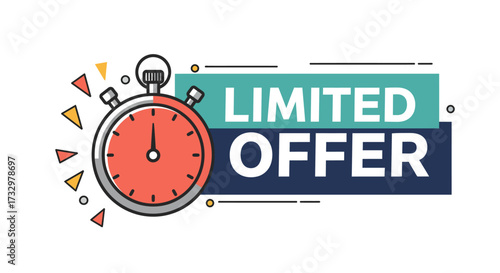 Vibrant Blue Banner with Limited Offer and Countdown Timer. Eye-catching graphic featuring a stopwatch for urgent promotions, exclusive deals, and special sales events