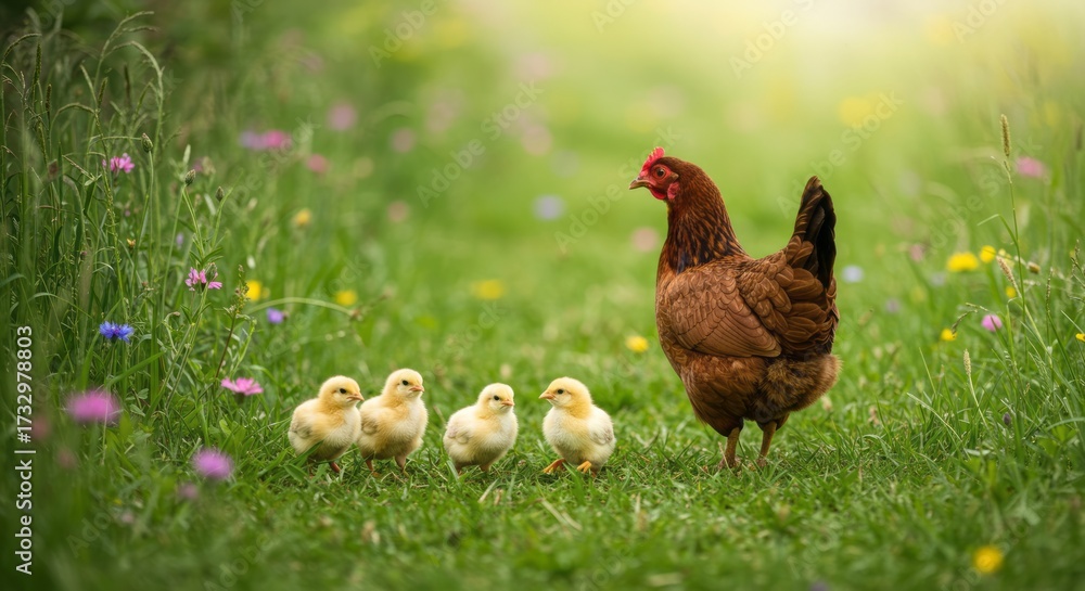 Fototapeta premium Farm chicken standing naturally, symbol of agriculture, food, and countryside lifestyle, perfect for farming, culinary, and organic concept themes.