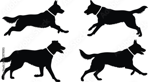 Silhouette depiction of four dogs in various stages of running, showing different poses.