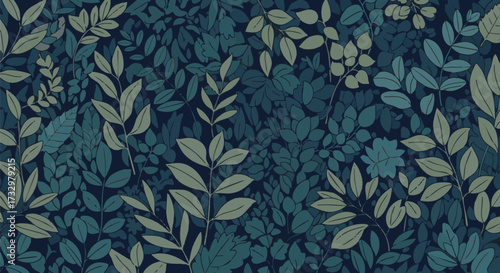 Seamless pattern of dense jungle foliage and tropical leaves rendered in dark, moody shades of green and navy blue