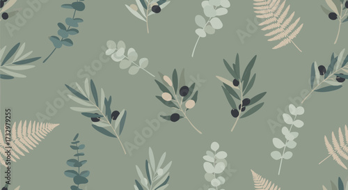 Seamless pattern with flat illustration of olive branches, eucalyptus, and fern leaves on a muted sage green background, perfect for botanical design