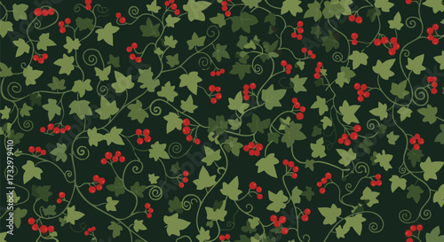 Vibrant green ivy leaves and bright red berries form a seamless Christmas pattern on a dark background
