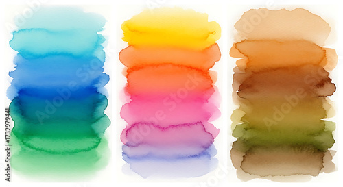 Three Vertical Watercolor Swatches in Blue Green Orange Pink and Brown Tones stacks