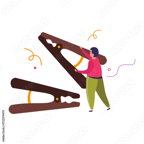 Man Struggling with Giant Clothes Pins in a Whimsical Setting