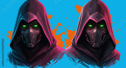 Two masked figures with glowing eyes stand against a vibrant blue background art