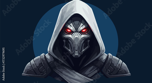 Mysterious hooded figure with glowing red eyes stares intensely from the shadows